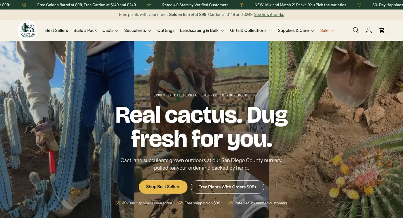 Cactus Warehouse homepage: the headline “Real cactus. Dug fresh for you.” over photos of workers digging up cacti at the nursery